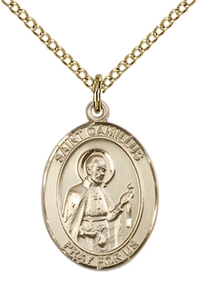 14KT GOLD FILLED ST CAMILLUS OF LELLIS PENDANT ON A CHAIN - 3/4" x 1/2"